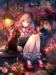  1girl blonde_hair book bow cabinet cat chair dress flower frills gothic_lolita hairband hina_(xoxo) lantern leaf lolita_fashion long_hair original red_eyes sitting smile solo 