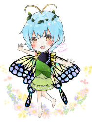  1girl :d antennae artist_name barefoot black_dress blue_flower blue_hair blush butterfly_wings chibi chibi_only commentary_request dress english_text eternity_larva fairy fairy_wings floral_background flower full_body green_dress highres insect_wings leaf leaf_on_head looking_at_viewer minatsuki_yurara multicolored_dress open_mouth outstretched_arms pink_flower short_hair smile solo spread_arms toes touhou wings yellow_flower 