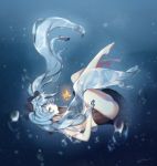  1girl blue_eyes blue_hair bottle_miku fish hair_ribbon hatsune_miku highres iso1206 liquid_hair long_hair panties ribbon school_uniform see-through serafuku skirt solo submerged twintails underwear very_long_hair vocaloid water 