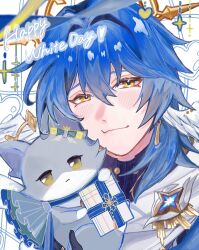  1boy :< animal animal_ears animalization ascot black_gloves blue_ascot blue_bow blue_hair blue_pupils blush bow box box_of_chocolates brooch cat cat_ears cat_tail checkered_background closed_mouth crown ear_bow earrings english_text feathered_wings fin_e17 gloves gold_earrings gold_ring gold_trim grey_fur hair_between_eyes half-closed_eyes halo halo_behind_head hands_up happy_white_day head_wings heart highres holding holding_animal holding_box honkai:_star_rail honkai_(series) jewelry looking_at_viewer male_focus person_and_animalization pet piercing purple_shirt ribbon scarf shirt short_hair sidelocks smile sparkling_eyes star_(symbol) sunday_(honkai:_star_rail) tail two-tone_fur upper_body white_background white_day white_fur white_scarf wing_piercing wings yellow_bow yellow_eyes yellow_ribbon 