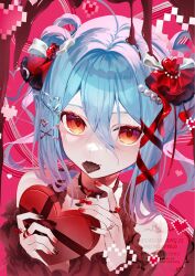  1girl bare_shoulders blue_hair bow box box_of_chocolates brown_nails chocolate chocolate_drip commentary english_commentary food food_in_mouth hair_between_eyes hair_bow hair_ornament heart heart-shaped_box heart_hair_ornament highres holding holding_chocolate holding_food murumuru_(pixiv51689952) nail_polish orange_eyes original pink_background red_bow red_nails red_shirt shirt short_hair simple_background solo spaghetti_strap two_side_up upper_body valentine watermark x_hair_ornament 