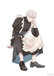  1boy alternate_costume apron aqua_eyes black_dress black_shoes closed_mouth crossdressing crossdressing_(mtf) dress eyes_visible_through_hair frilled_apron frills gojou_satoru hair_over_eyes hashtag-only_commentary highres jujutsu_kaisen long_sleeves looking_at_viewer maid maid_apron male_focus male_maid shoes short_hair simple_background white_apron white_background white_hair zhishuo418 