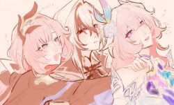  3girls arlecchino_(genshin_impact) black_eyes black_hair black_shrug blue_eyes commentary company_connection cyrene_(demiurge)_(honkai:_star_rail) cyrene_(honkai:_star_rail) diamond-shaped_pupils diamond_(shape) dress elf elysia_(honkai_impact) elysia_(miss_pink_elf)_(honkai_impact) genshin_impact girl_sandwich hair_ornament highres honkai:_star_rail honkai_(series) honkai_impact_3rd inoue_marina long_hair mihoyo multicolored_hair multiple_girls musical_note pink_background pink_hair pointy_ears sandwiched shrug_(clothing) siwhim smile symbol-shaped_pupils two-tone_hair very_long_hair violet_eyes voice_actor_connection white_dress white_hair x-shaped_pupils yanning yuri 
