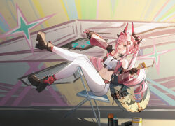  1girl arknights arknights:_endfield bare_shoulders crop_top detached_sleeves dragon_girl dragon_horns dragon_tail full_body gloves hair_intakes highres horns jishou_kusaboukun long_hair multicolored_gloves multicolored_hair pants pink_hair sidelocks sitting solo streaked_hair tail tight_clothes tight_pants two-tone_gloves white_pants yvonne_(arknights) 
