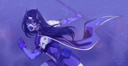  1girl artist_name birds_of_prey bleeding blood blood_from_mouth blood_on_arm blood_on_face bodysuit bruise bruise_on_face bruised_eye capelet cross cross_earrings cuts dc_comics deep_wound dirty ear_piercing earrings fighting_stance from_side helena_bertinelli highres holding holding_polearm holding_weapon huntress_(dc) injury inksilvery jewelry latin_cross long_hair looking_at_viewer mask monochrome muscular muscular_female parted_bangs parted_lips piercing polearm purple_background purple_hair purple_lips rain scar scar_on_face scratches solo standing upper_body violet_eyes watermark weapon 