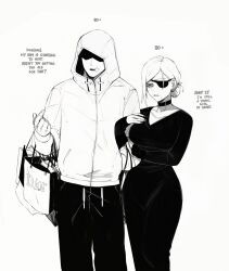  1boy 1girl absurdres arm_hug bag dress eyepatch greyscale hair_bun hand_in_pocket highres hood hooded_jacket itadori_yuuji jacket jujutsu_kaisen jujutsu_kaisen_modulo kugisaki_nobara masoq monochrome old old_woman partially_shaded_face scar scar_on_face scar_on_mouth shopping_bag single_hair_bun 
