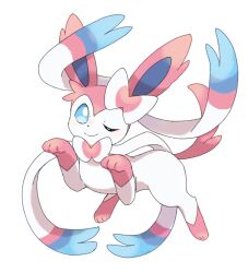  blue_eyes highres looking_at_viewer no_humans one_eye_closed pink_fur pokemon pokemon_(creature) simple_background solo sylveon tail white_background white_fur yakiniku628 