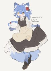  1girl :3 ahoge animal_ears apron black_dress black_shoes blue_hair blush body_fur bow braid braided_ponytail commentary commission dress english_text fangs floral_print floral_print_apron flower full_body furry furry_female gomafuto hair_bow hair_flower hair_ornament highres long_hair looking_at_viewer multicolored_hair open_mouth original red_bow red_flower red_rose ribbed_shirt rose shirt shoes short_eyebrows simple_background single_braid skeb_commission skirt_hold solo streaked_hair tail waist_apron watermark white_background white_shirt white_streaks yellow_eyes 