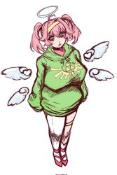  1girl ahoge angel ashliel_ailove asymmetrical_legwear bags_under_eyes blood breasts choker cupid detached_wings facial_mark gold_headband green_hoodie halo headband heart heart-shaped_mole heart_ahoge heart_facial_mark highres hood hoodie large_breasts legband mitri_(cutemaidenjoyer) mole mole_under_mouth nosebleed pink_hair short_twintails solo thigh-highs twintails vir2alverse virtual_youtuber white_thighhighs wide_hips wings 