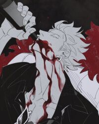  1boy alcohol black_shirt blonde_hair bottle closed_eyes coat collarbone collared_shirt commentary donquixote_doflamingo drinking earrings english_commentary highres holding holding_bottle jewelry male_focus one_piece partially_colored pink_coat portrait red_wine shirt short_hair solo sunglasses unworn_eyewear wine wine_bottle zoewadewilson 