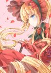  1girl blonde_hair blue_eyes bow dress flower hat long_hair long_sleeves petals pink_background ponytail red_dress red_rose rose rozen_maiden shinku solo transistor very_long_hair 