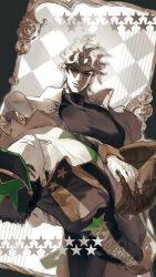  2boys absurdres baseball_cap black_hair black_shirt blonde_hair brown_coat brown_hat brown_pants carrying chinese_commentary closed_eyes coat commentary_request dio_brando earrings green_headband grey_background grey_jacket hat headband highres jacket jewelry jojo_no_kimyou_na_bouken kujo_jotaro long_coat long_sleeves male_focus multiple_boys muted_color open_clothes open_coat pants princess_carry shirt star_(symbol) star_print stardust_crusaders stone_ocean time_paradox turtleneck turtleneck_shirt vetania white_shirt 