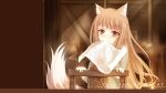  1girl animal_ears artist_name bread brown_hair chair food highres holo indoors jar jewelry long_hair looking_at_viewer necklace nncat paper plate pouch red_eyes sack sitting solo spice_and_wolf table tail wallpaper wolf_ears wolf_tail 