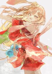  1girl absurdres animal_ears bare_shoulders blonde_hair cho_kaguya-hime! commentary cowboy_shot crescent crescent_hair_ornament hair_ornament highres ichika_(ichika87) japanese_clothes kaguya_(cho_kaguya-hime!) kimono long_hair lop_rabbit_ears open_mouth orange_eyes rabbit_ears red_kimono smile solo stretching white_background 
