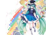  1girl aqua_eyes blue_dress boots camera card chris4708 clock dress drum drum_set gradient_hair green_hair guitar hat hatsune_miku headphones highres instrument keyboard_(instrument) long_hair magical_mirai_(vocaloid) multicolored_hair paint rainbow solo star very_long_hair vocaloid wand 