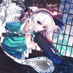  1girl animal bird black_legwear blue_eyes ghost hairband highres hitodama katana konpaku_youmu konpaku_youmu_(ghost) leg_hug rain_lan scabbard sheath sheathed short_hair silver_hair sitting solo sword thighhighs touhou weapon 