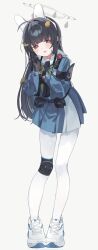  1girl @_@ animal_ears black_gloves black_hair blue_archive blue_serafuku blue_skirt commentary fake_animal_ears full_body gloves green_neckerchief grey_halo halo higa_(gominami) highres knee_pads leaf leaf_on_head long_hair long_sleeves miyu_(blue_archive) neckerchief pantyhose rabbit_ears red_eyes sailor_collar school_uniform serafuku shoes simple_background single_knee_pad skirt small_sweatdrop solo standing sweat white_background white_pantyhose white_sailor_collar white_shoes 