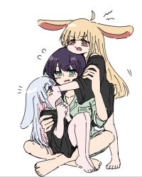  3girls aged_down ahoge animal_ears barefoot black_shirt blonde_hair blue_eyes blush breast_pocket cho_kaguya-hime! commentary_request flying_sweatdrops green_eyes green_pajamas grey_hair highres hug hug_from_behind kaguya_(cho_kaguya-hime!) korean_commentary long_shirt lop_rabbit_ears mole mole_under_eye multicolored_eyes multicolored_hair multiple_girls pajamas pink_eyes pink_hair pocket rabbit_ears rabbit_girl rabbit_tail raon_515 red_eyes runami_yachiyo sakayori_iroha shirt sitting sitting_on_lap sitting_on_person tail two-tone_hair white_background yuri 