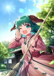  1girl :d animal_ears bamboo_broom blue_sky blush broom clouds commentary_request day dog_ears dog_tail dress falling_leaves feet_out_of_frame foliage forest gate green_eyes green_hair hand_up holding holding_broom kapuchii kasodani_kyouko leaf lens_flare light_particles long_sleeves medium_hair nature one_eye_closed open_mouth outdoors pankou pink_dress shouting sky smile solo sun sun_glare tail teeth touhou upper_teeth_only 