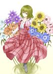  black_boots boots breasts collarbone dress flower flower_request grass green_hair kazami_yuuka lily_(flower) long_sleeves looking_at_viewer plaid plaid_dress plaid_vest pointing pointing_at_viewer primamiya red_eyes shirt smile sunflower touhou umbrella white_shirt 