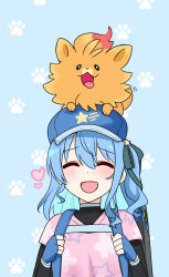  1girl backpack bag blue_background blue_gloves blue_hair blue_hat blush dog felutiahime fingerless_gloves gloves hashtag-only_commentary hat hololive hoshimachi_suisei jewelry long_hair on_head open_mouth orange_fur pokemon pokemon_(creature) pokemon_on_head pokemon_ww pombon shirt smile solo tongue tongue_out virtual_youtuber 