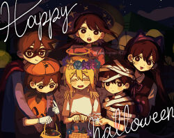  2girls 4boys :3 alternate_costume angel angel_wings animal_ear_hairband animal_ears antenna_hair artist_name aubrey_(faraway)_(omori) aubrey_(omori) basil_(faraway)_(omori) basil_(omori) basket black_eyes black_hair black_mask black_shirt black_sweater_vest blonde_hair blush bright_pupils brother_and_sister brothers brown_hair candy cat_ear_hairband cat_ears closed_eyes closed_mouth collared_shirt commentary_request domino_mask double-parted_bangs eye_mask fake_animal_ears fake_halo fake_wings flower flower_wreath food gloves hair_behind_ear hair_between_eyes hairband halloween halloween_costume halo happy_halloween hat head_wreath hero_(faraway)_(omori) hero_(omori) highres holding holding_basket holding_candy holding_food kel_(faraway)_(omori) kel_(omori) komekopan_720 long_hair long_sleeves looking_at_viewer low_twintails mari_(faraway)_(omori) mari_(omori) mask multiple_boys multiple_girls mummy_costume night omori open_mouth outdoors shirt short_hair short_sleeves siblings sidelocks smile sunny_(omori) sweater_vest t-shirt teeth twintails twitter_username upper_teeth_only white_gloves white_pupils white_shirt wings witch_hat 