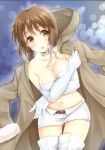  1girl absurdres bare_shoulders blush boots breasts brown_eyes brown_hair bustier cleavage coat elbow_gloves gloves hagiwara_yukiho highres idolmaster k.y_ko miniskirt navel neck_ribbon open_mouth ribbon short_hair skirt solo thigh_boots thighhighs white_gloves 