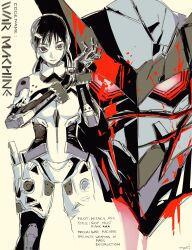  1girl absurdres adjusting_clothes alternate_universe black_eyes black_hair blood blood_on_armor blood_splatter bodysuit bracelet chainsaw_man commentary cowboy_shot english_commentary english_text gloves hair_ornament hairclip highres jewelry low_twintails machipachi1901 mecha mecha_pilot_suit medium_hair mitaka_asa putting_on_gloves red_eyes robot solo twintails weapon_name 