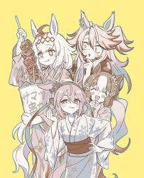  +_+ 4girls ahoge animal_ears belno_light_(umamusume) blue_hairband blush breasts brown_hair bucket closed_eyes closed_mouth commentary_request floral_print floral_print_kimono food giragira_egao glutton hair_between_eyes hair_ornament hairband headband highres holding holding_bucket holding_food horse_ears horse_girl horse_tail japanese_clothes kimono korean_commentary letter_hair_ornament long_hair long_sleeves looking_at_viewer multicolored_hair multicolored_hairband multiple_girls obey_your_master_(umamusume) obi oguri_cap_(umamusume) open_mouth print_kimono red_headband sash shish_kebab short_hair smile star-shaped_pupils star_(symbol) striped_clothes striped_hairband symbol-shaped_pupils tail tamamo_cross_(umamusume) two-tone_hair two-tone_hairband umamusume umamusume:_cinderella_gray very_long_hair white_hair yellow_background 