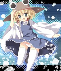  1girl blonde_hair blue_eyes blush francis_(ohne) hair_ribbon hand_on_hat hat lowleg lowleg_panties moriya_suwako open_mouth panties ribbon short_hair smile solo thigh-highs touhou underwear 