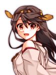  1girl :d brown_eyes brown_hair detached_sleeves hair_ornament hairband haruna_(kantai_collection) japanese_clothes kantai_collection long_hair looking_at_viewer looking_over_shoulder miko nontraditional_miko open_mouth personification ryuuri_(aoithigo) smile solo white_background 