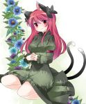  1girl alternate_hairstyle animal_ears bare_legs blush bow cat_ears cat_tail flower hair_bow hammer_(sunset_beach) kaenbyou_rin long_hair long_sleeves looking_at_viewer multiple_tails red_eyes redhead solo tail touhou 