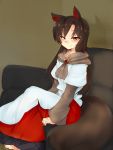  1girl animal_ears blush brown_hair couch dress imaizumi_kagerou long_hair looking_at_viewer mizuga red_eyes sitting smile solo tail touhou wolf_ears wolf_tail 