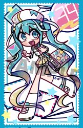  1girl 39 :d akina_mochi antenna_39_(vocaloid) aqua_eyes aqua_hair bag beret blonde_hair blue_border blush border bow bowtie commentary commission corrupted_twitter_file cropped_jacket deformed diamond_hair_ornament flag full_body gradient_hair grey_bag hat hatsune_miku highres holding holding_bag holding_flag inset_border jacket letter long_hair looking_at_viewer magical_mirai_(vocaloid) magical_mirai_miku magical_mirai_miku_(2024) messenger_bag multicolored_hair open_mouth outside_border paper_airplane pink_bow pink_bowtie pleated_skirt sample_watermark shoes shorts shorts_under_skirt shoulder_bag skirt smile sneakers socks solo standing standing_on_one_leg star_(symbol) star_symbol_background three-quarter_sleeves very_long_hair vocaloid watermark wavy_hair white_background white_border white_hat white_jacket white_shoes white_shorts white_socks yellow_skirt 