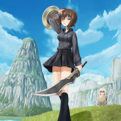  2girls arm_shield armor black_collar black_skirt breasts brown_eyes brown_hair closed_eyes closed_mouth collar commentary_request egg girls_und_panzer grey_hair grey_shirt hand_on_own_head holding holding_egg holding_sword holding_weapon itsumi_erika kneehighs kuromorimine_school_uniform large_breasts long_hair long_sleeves looking_at_viewer monster_hunter_(series) multiple_girls nishizumi_maho open_mouth panorama partially_unbuttoned pleated_skirt rents_(akirents) school_uniform shield shirt short_hair shoulder_armor skirt socks sword water waterfall weapon wing_collar 