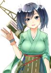  1girl arrow black_hair blue_eyes blush breasts japanese_clothes kantai_collection open_mouth personification short_hair skirt smile solo souryuu_(kantai_collection) spiralray twintails wide_sleeves 