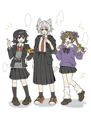  3girls alternate_costume animal_ear_fluff animal_ears armband bandaid bandaid_on_face black_hair black_hoodie black_jacket black_skirt black_socks blank_speech_bubble bow bowtie brown_eyes brown_hair brown_shoes camera camera_around_neck camera_phone cellphone collared_shirt commentary_request drink_carton fang flip_phone full_body grey_hair grey_sweater hair_bow hand_on_own_hip hat highres himekaidou_hatate holding holding_juice_box holding_phone hood hoodie inubashiri_momiji jacket juice_box kneehighs leg_warmers loafers long_hair long_sleeves miniskirt missing_headwear multiple_girls necktie one_eye_closed open_clothes open_hoodie open_jacket open_mouth phone pleated_skirt pointy_ears purple_bow purple_sweater red_bow red_bowtie red_eyes red_necktie red_shoes sakic43899 school_uniform shameimaru_aya shirt shoes skirt smile socks speech_bubble sweater tail touhou translation_request twintails white_leg_warmers white_shirt wolf_ears wolf_girl wolf_tail yellow_armband 