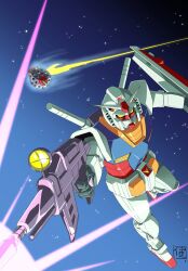  1980s_(style) artist_request battle beam_cannon beam_rifle bit_(gundam) duel earth_federation elmeth energy_beam energy_gun firing gundam highres mecha mecha_focus mobile_suit mobile_suit_gundam muzzle_flash no_humans retro_artstyle robot rx-78-2_gundam scene_reference science_fiction scope shield signature space star_(sky) thrusters v-fin weapon yellow_eyes zeon zero_gravity 
