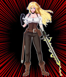  absurdres blonde_hair corset fantasy heterochromia highres lightning lucretia_wallerian_(original) original riberiru thunder underbust warrior 