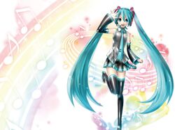  1girl aqua_eyes aqua_hair detached_sleeves hatsune_miku headphones highres kei_(keigarou) long_hair miniskirt necktie skirt smile solo thighhighs very_long_hair vocaloid zettai_ryouiki 