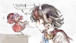  2girls black_hair blowing blue_bow blue_bowtie bow bowl bowl_hat bowtie bracelet chinese_text closed_eyes commentary falling filia_(sonzione807560) frown full_body grey_background hand_up hashtag-only_commentary hat horns japanese_clothes jewelry kijin_seija kimono leg_up looking_ahead looking_at_another medium_hair mini_person minigirl multicolored_hair multiple_girls open_mouth puff_of_air purple_hair red_eyes red_kimono red_streaks shirt short_sleeves small_horns streaked_hair sukuna_shinmyoumaru touhou translation_request upper_body v-shaped_eyebrows white_horns white_shirt white_streaks 