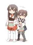  2girls akagi_(kantai_collection) black_eyes blush brown_hair kaga_(kantai_collection) kantai_collection long_hair multiple_girls open_mouth rebecca_(keinelove) short_hair side_ponytail thighhighs younger 