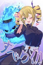  1girl absurdres black_dress blonde_hair breasts commentary_request cowboy_shot digimon digimon_(creature) digimon_card_game digimon_liberator dress eyelashes ghost ghostmon green_eyes highres large_breasts multicolored_hair one_eye_closed purple_background purple_hair simple_background solo streaked_hair two-tone_hair ueharu violet_inboots 