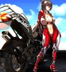  1girl bodysuit breasts brown_hair cleavage clouds collar collarbone hair_ornament hairband highres huge_breasts kantai_collection long_hair motor_vehicle motorcycle nagato_(kantai_collection) personification red_eyes sky solo traces vehicle 