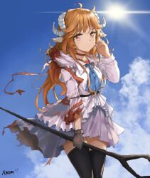  1girl animal_ears arknights belt belt_buckle black_belt black_gloves black_thighhighs blonde_hair blue_neckerchief blush brown_choker buckle chinese_commentary choker closed_mouth commentary curled_horns day eyjafjalla_(arknights) gloves grey_skirt hand_in_own_hair hand_up holding holding_staff horns looking_at_viewer neckerchief omuretu_(butterroru) outdoors pink_eyes pleated_skirt sheep_ears sheep_girl sheep_horns shirt single_glove skirt solo staff sun thigh-highs torn_clothes torn_skirt white_horns white_shirt 