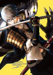  1boy arm_up armor belt black-framed_eyewear black_pants closed_mouth collared_shirt commentary_request dutch_angle glasses grey_belt hashtag-only_commentary highres holding holding_sword holding_weapon japanese_armor katana looking_at_viewer male_focus narukami_yu open_collar pants persona persona_(summon) persona_4 persona_4_revival rae_ariadne rectangular_eyewear scabbard school_uniform sheath shirt swept_bangs sword watermark weapon white_hair white_shirt yasogami_school_uniform yellow_background yellow_eyes 