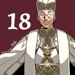  1boy ^_^ artist_name bad_id bad_pixiv_id biscas_t._balmus black-framed_eyewear brown_background brown_hat brown_robe closed_eyes commentary_request dated facing_viewer gold_robe gold_trim hat jewelry male_focus minami_seira mitre necklace numbered official_artist_extra old pope robe round_eyewear signature smile solo tate_no_yuusha_no_nariagari turtleneck_robe two-tone_headwear upper_body white-tinted_eyewear white_hair white_hat white_robe 