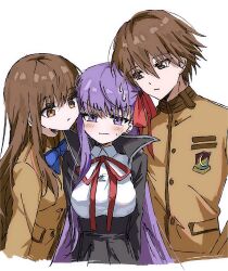  1boy 2girls bb_(fate) bb_(fate/extra) bisexual_female blush brown_eyes brown_hair brown_jacket fate/extra fate/extra_ccc fate_(series) hair_ribbon height_difference highres jacket kishinami_hakuno_(female) kishinami_hakuno_(male) long_hair long_sleeves looking_at_another looking_at_viewer multiple_girls neck_ribbon purple_hair red_ribbon ribbon school_uniform short_hair simple_background sweat syst098 tsukumihara_academy_uniform_(fate/extra) very_long_hair violet_eyes white_background 