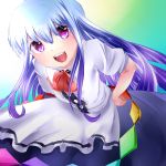  1girl blue_hair bow gradient gradient_background hand_on_hip hinanawi_tenshi layered_dress leaning_forward long_hair looking_at_viewer no_hat open_mouth porokkon red_eyes short_sleeves simple_background solo touhou very_long_hair 