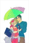  1boy 1girl bandana black_hair blonde_hair couple dareoma dress hetero husband_and_wife jojo_no_kimyou_na_bouken joseph_joestar_(young) single_glove suzi_quatro umbrella 